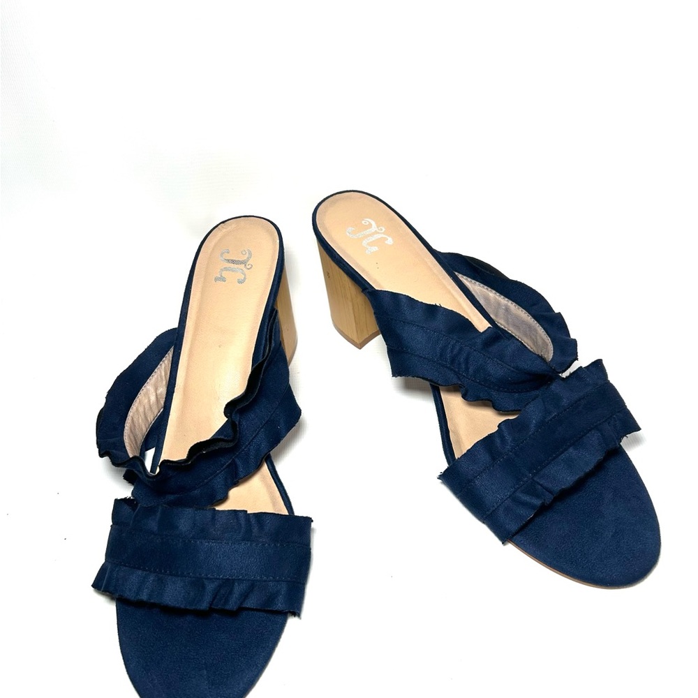 Women’s size 12 Navy Ruffle Block Heel Slide Sandals - Unbranded